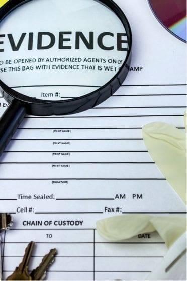 a magnifying glass and gloves on a evidence form for matrimonial background checks