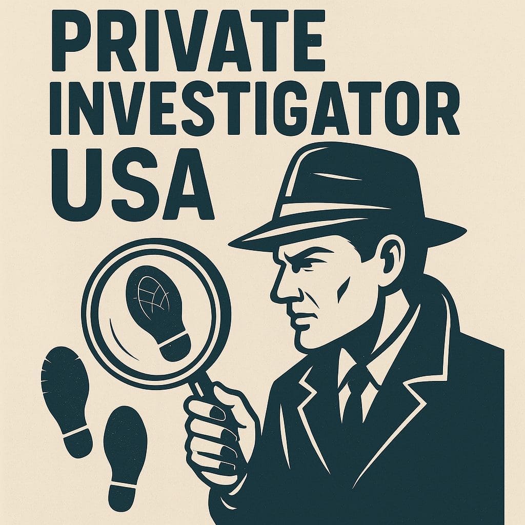 Private Investigator looking through magnifying glass in Private Investigator USA